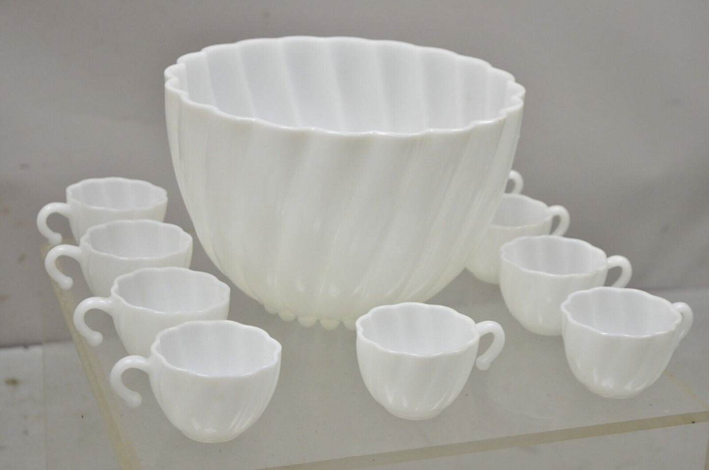 Hazel Atlas White Apline Swirl Punch Bowl Set 9 Hook Handle Cups - 10 pcs