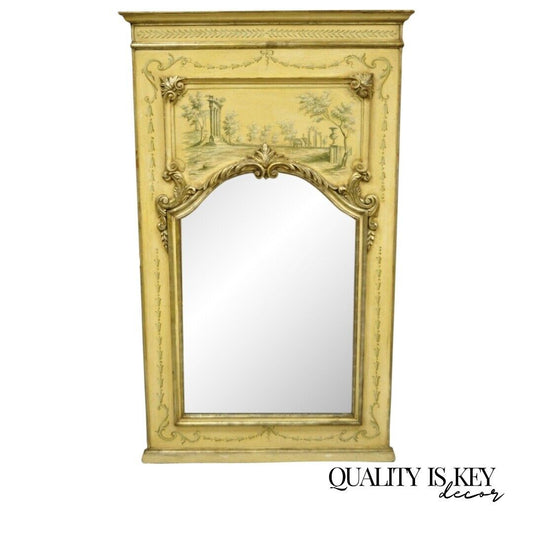 Italian French Provincial Giltwood Handpainted 59" Trumeau Console Hall Mirror