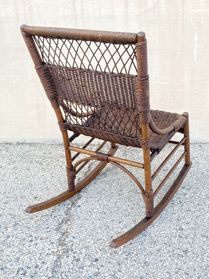 Antique Wicker and Rattan Wooden Victorian Rocking Chair Rocker