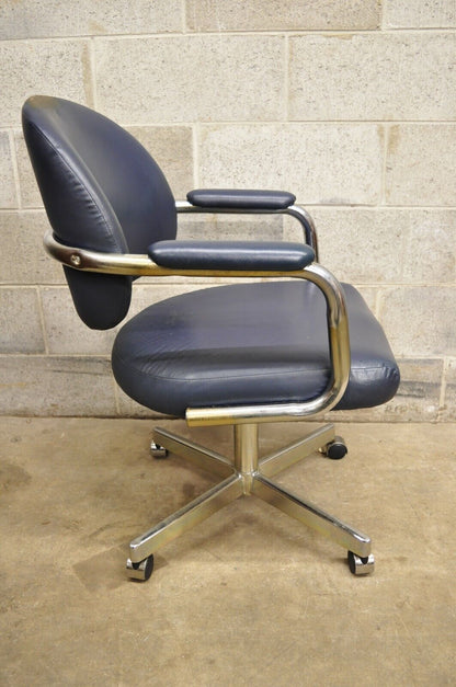 Vintage Chromcraft Mid Century Modern Blue Vinyl Rolling Office Desk Chair (B)