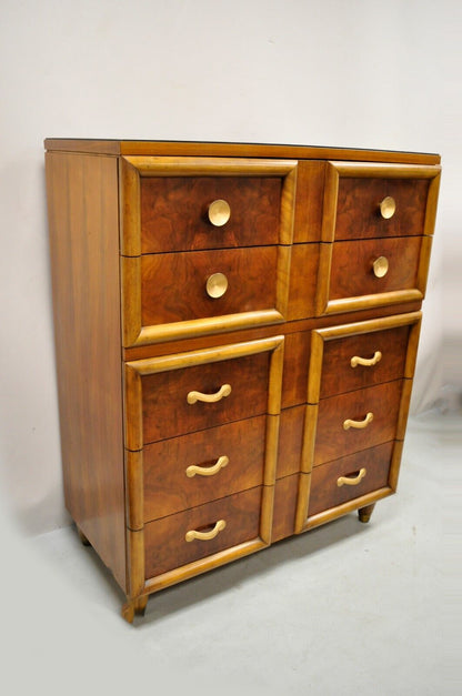 Joerns Bros Art Deco Mid Century Burl Walnut Tall Chest Dresser