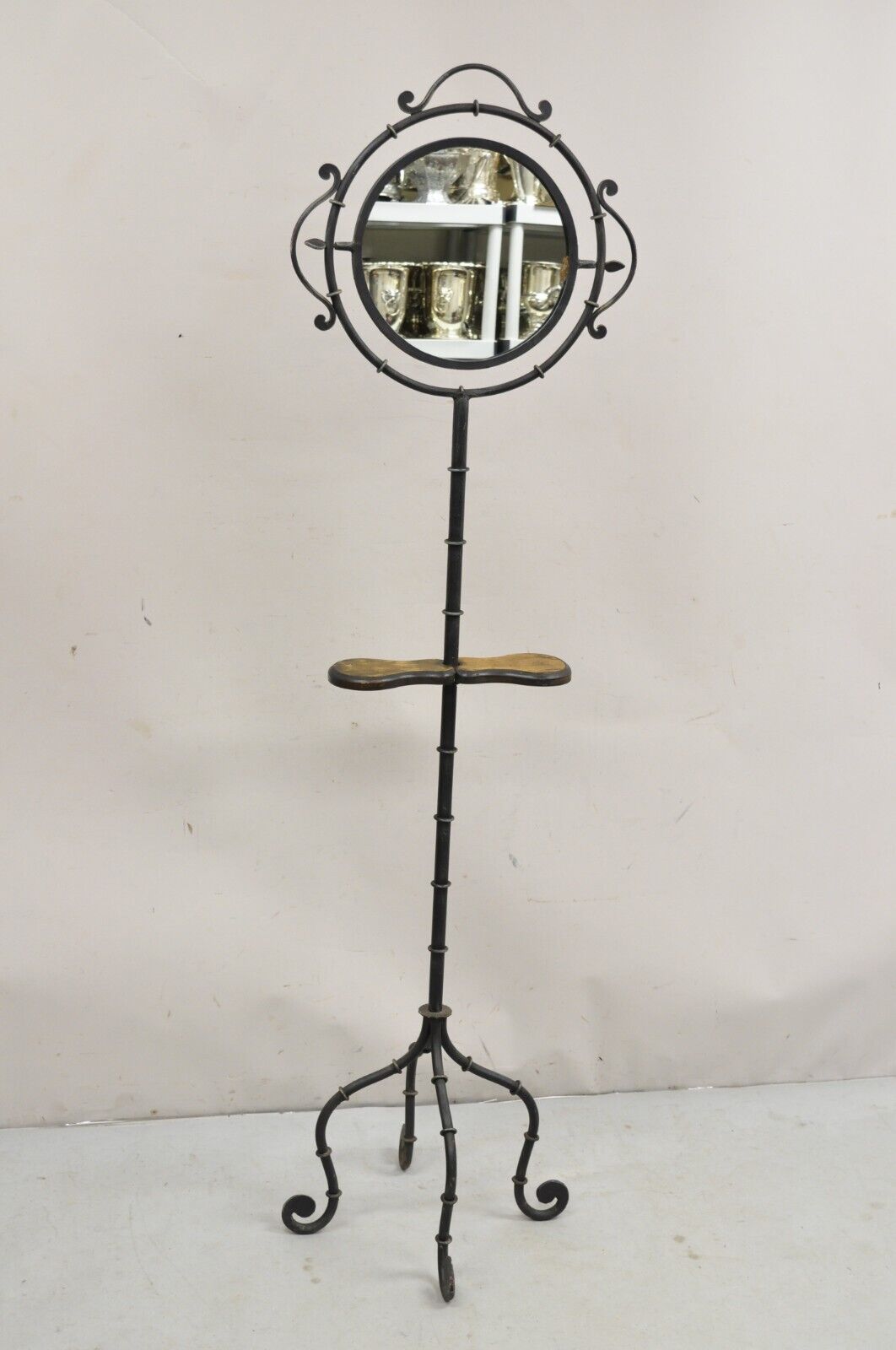 Hollywood Regency Style Wrought Iron Faux Bamboo Tall Standing Shaving Mirror