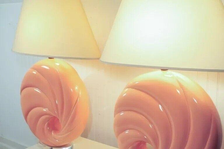 Hollywood Regency Pink Swirl Shell Form Ceramic Lucite Round Table Lamps - Pair