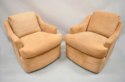 Vintage Mid Century Modern Swivel Brown Upholstered Lounge Club Chairs - a Pair