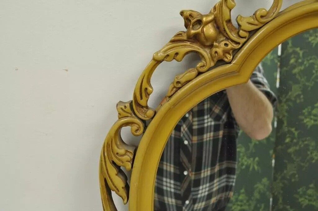 Vintage French Louis XV Style Floral Carved Wood Yellow Painted Wall Mirror