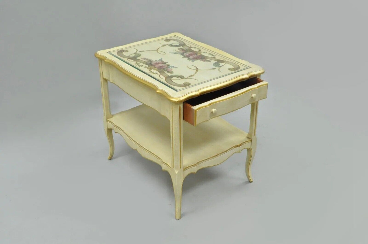 Vintage French Country Provincial Style Floral Painted Cream 1 Drawer End Table