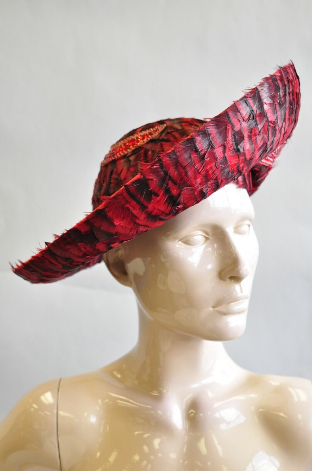 Vintage Jack McConnell Red Feather Rhinestone Wide Brim Wool Church Derby Hat