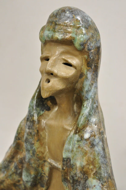 Mid Century Modern 1960s Glazed Ceramic Pottery Meditating Elder Woman Sculpture