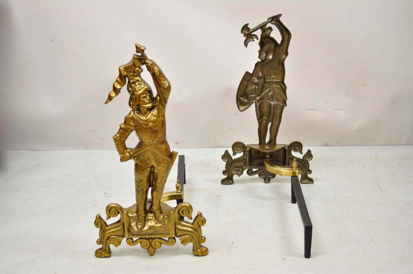 Vtg Cast Brass Figural Renaissance Soldier Warrior Fireplace Andirons - a Pair