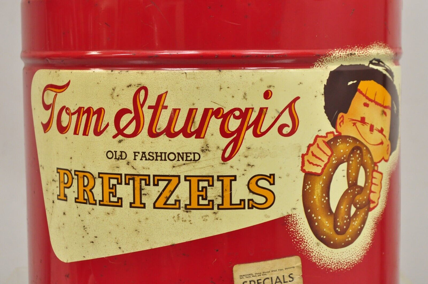 Vintage Tom Sturgis Pretzels Large Tin Metal Red Advertising Can