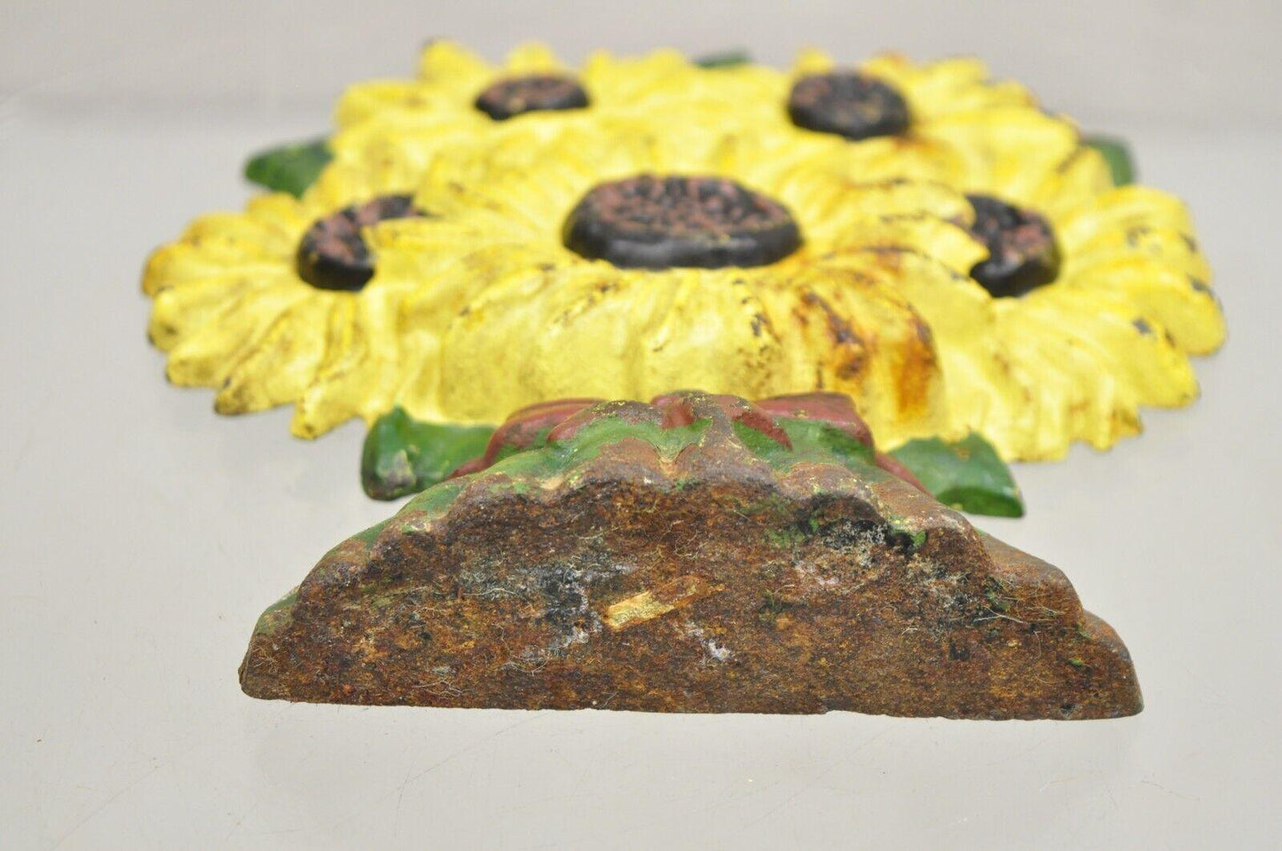 Antique Victorian Cast Iron Figural Yellow Sunflower Bouquet Painted Door Stop