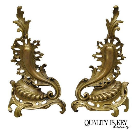 Vintage French Rococo Style Bronze Acanthus Leafy Scroll Andirons - a Pair