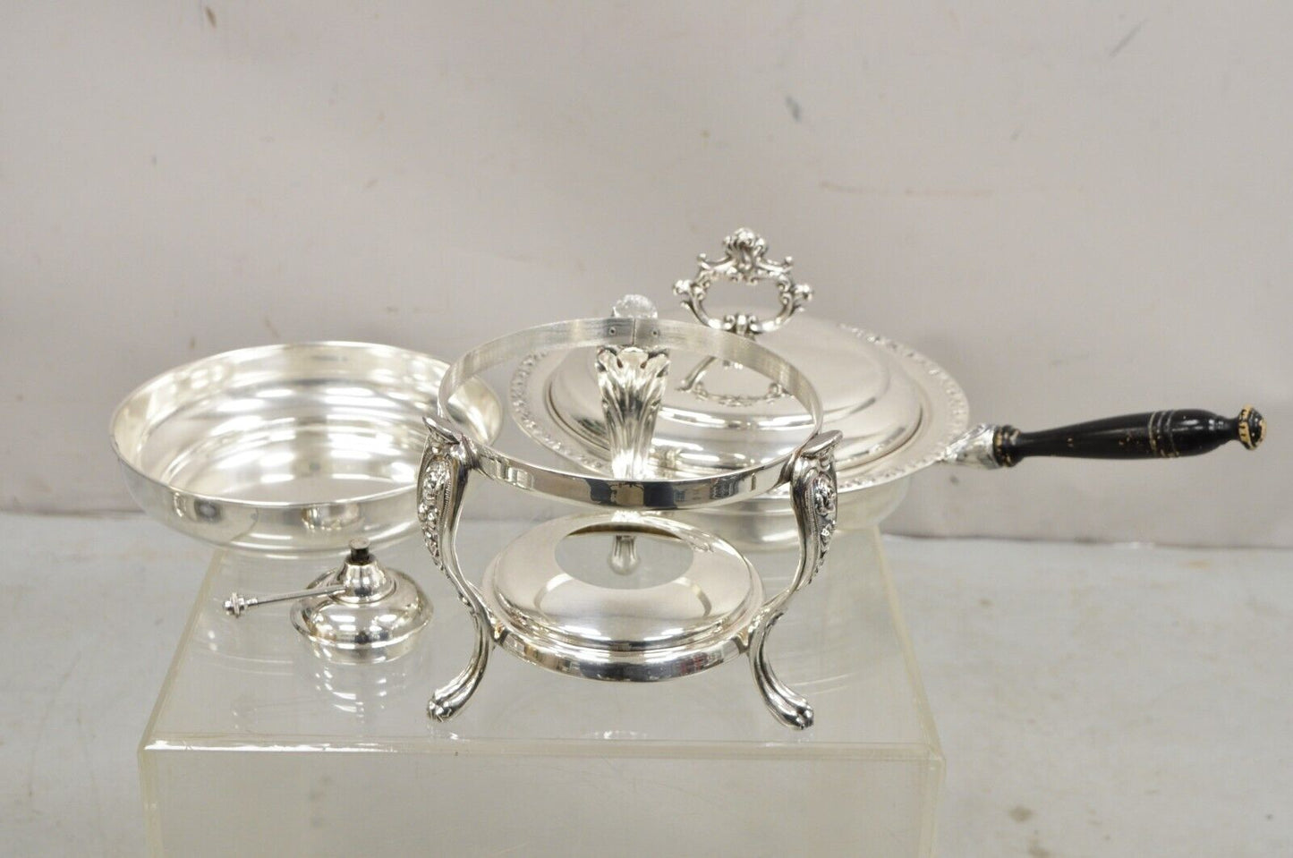 Vintage English Victorian Style Silver Plated Chafing Dish Warmer on Stand