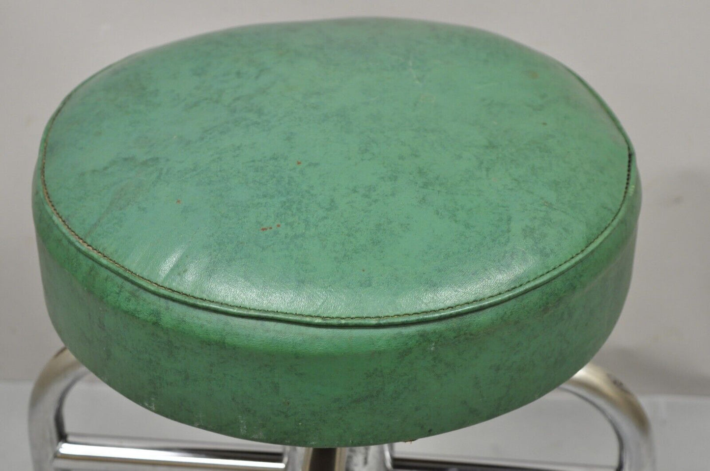 Antique American Industrial Metal Green Vinyl Rolling Work Stool Seat