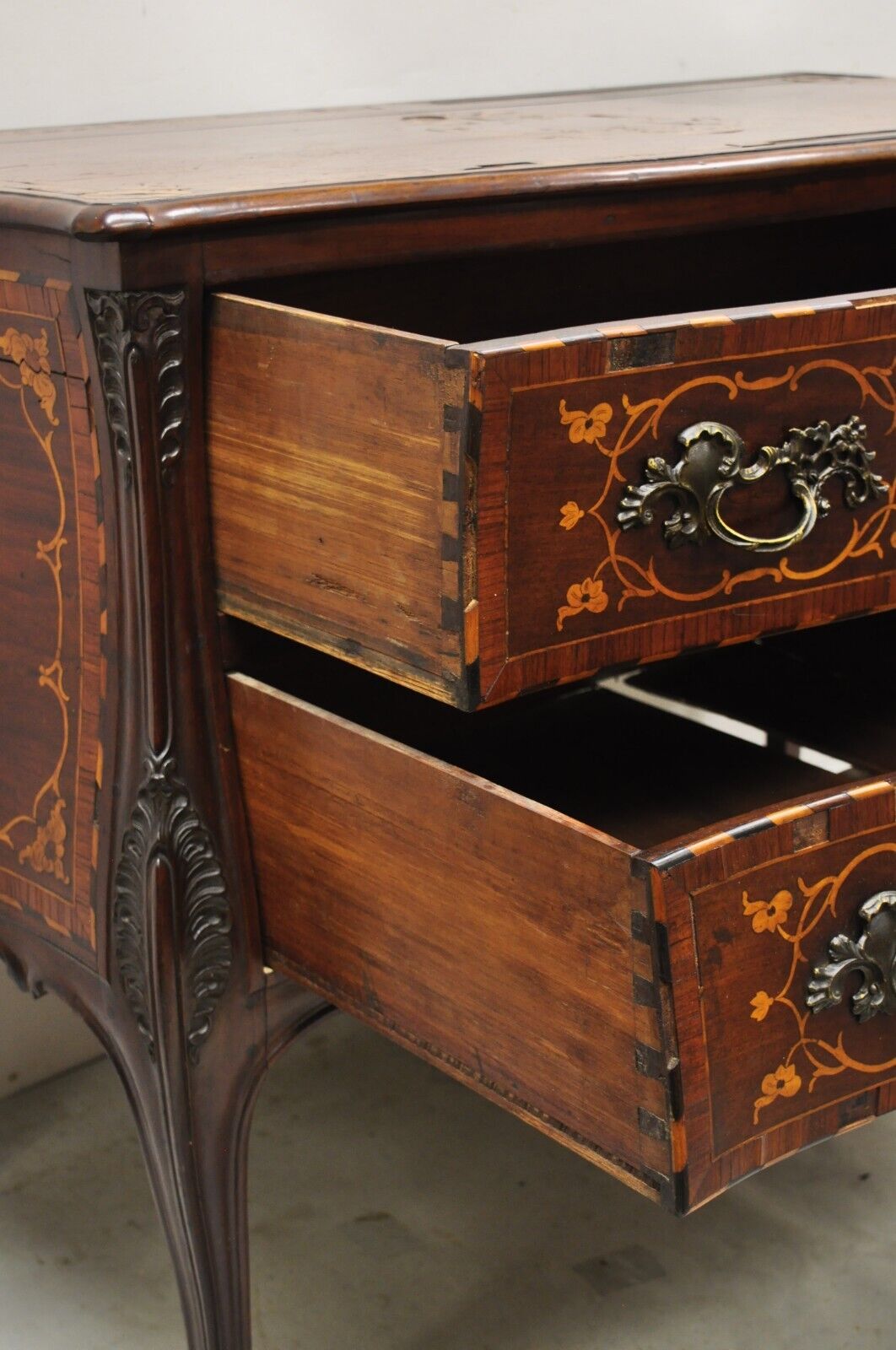 Antique French Louis XV Style Marquetry Inlay Bombe Commode Chest of Drawers TLC