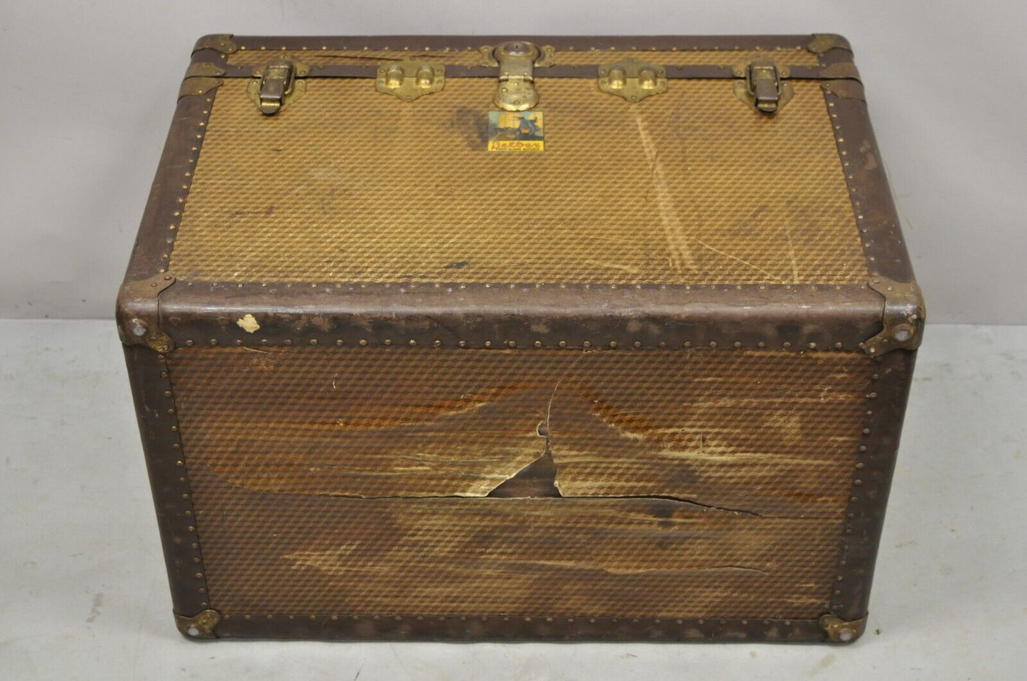 Antique Belber Traveling Goods Brown Monogram Print Hard Case Steamer Trunk