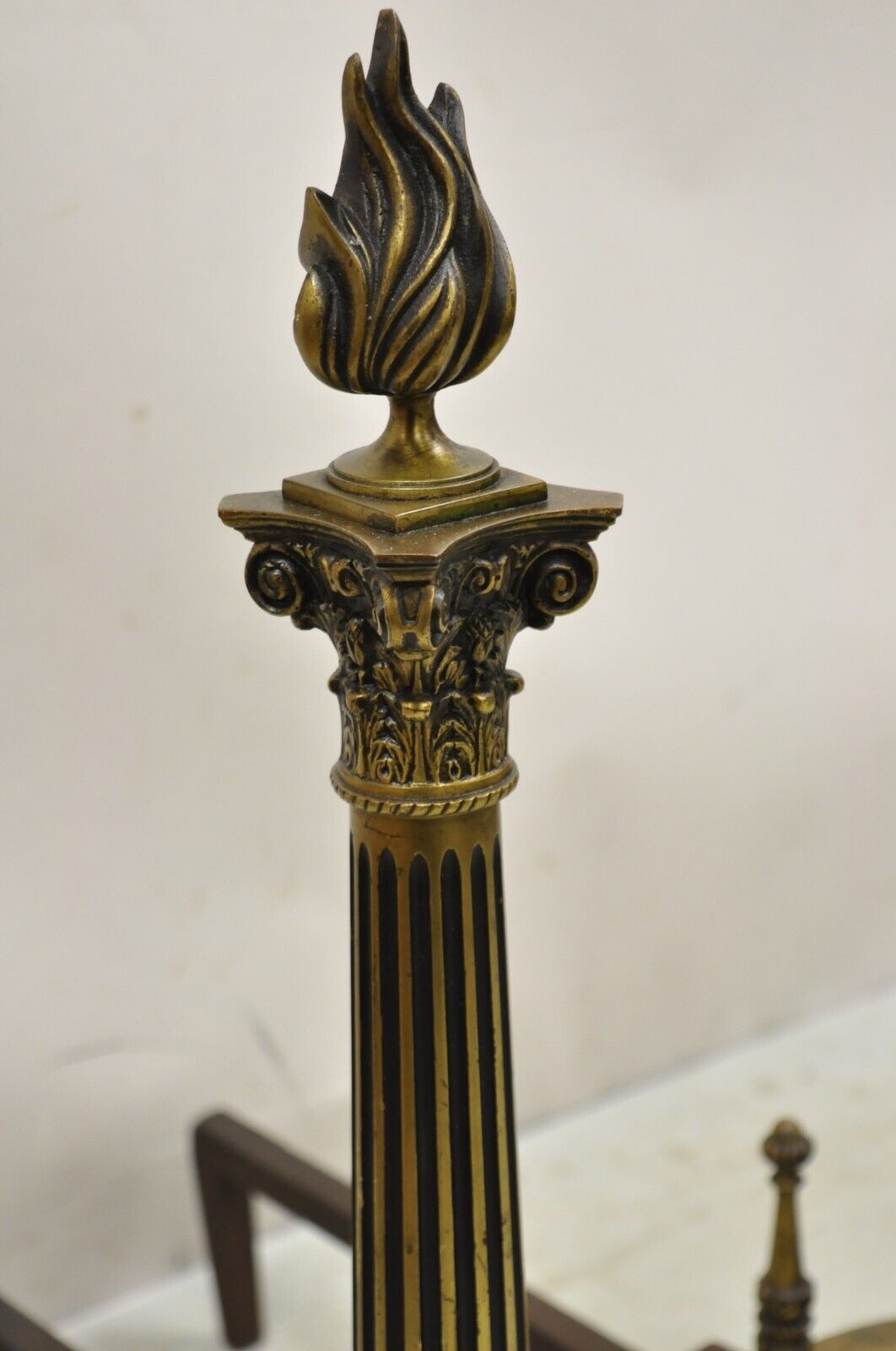 Antique French Empire Style Bronze Column Form Flame Finial Andirons - a Pair