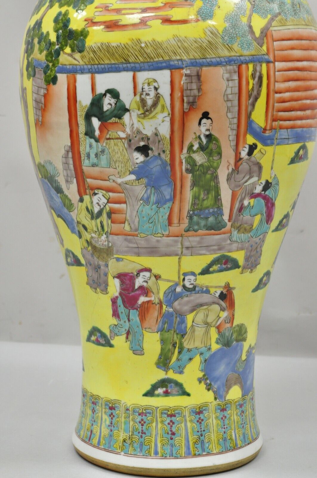 Vintage 36" Chinese Famille Rose Yellow Porcelain Urn Vase Temple Vessel Jar