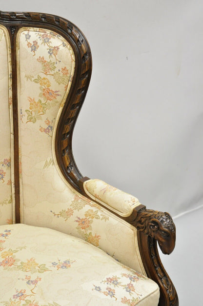 Vintage Italian Regency Style Rams Head Carved Walnut Wingback Bergere Arm Chair