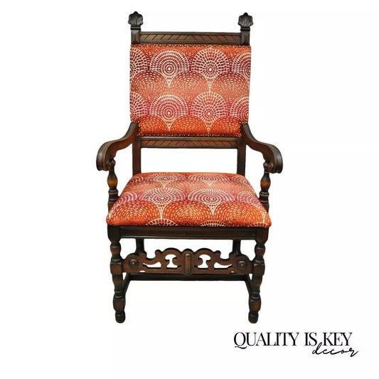 Antique Italian Renaissance Revival Carved Walnut Throne Captains Red Arm Chair