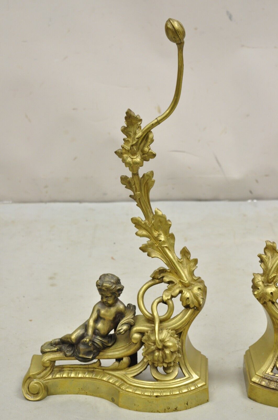 Antique French Louis XV Rococo Style Bronze Cherub Acanthus Leaf Andirons - Pair