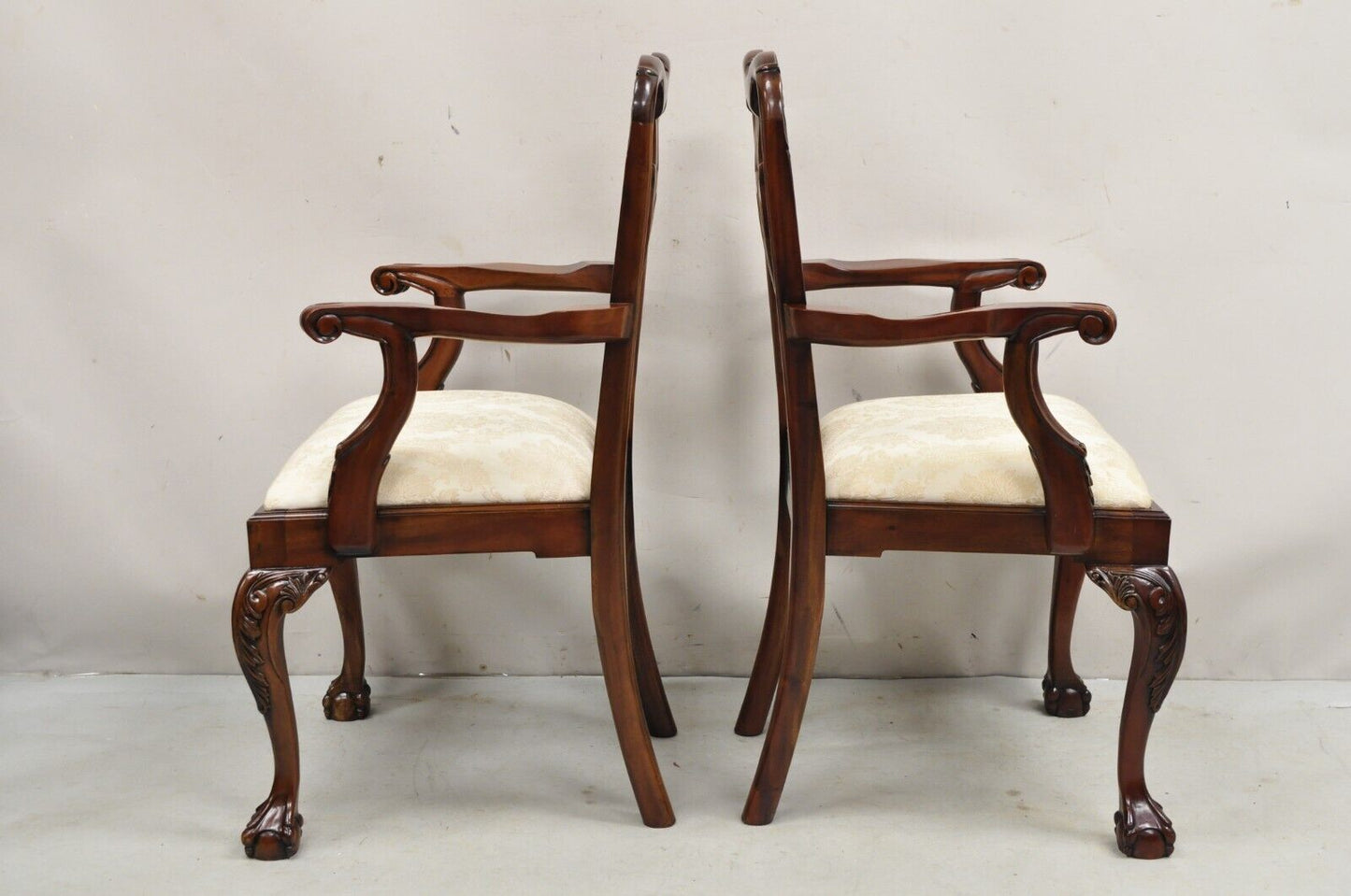 English Chippendale Style Carved Mahogany Ball & Claw Dining Arm Chairs - a Pair