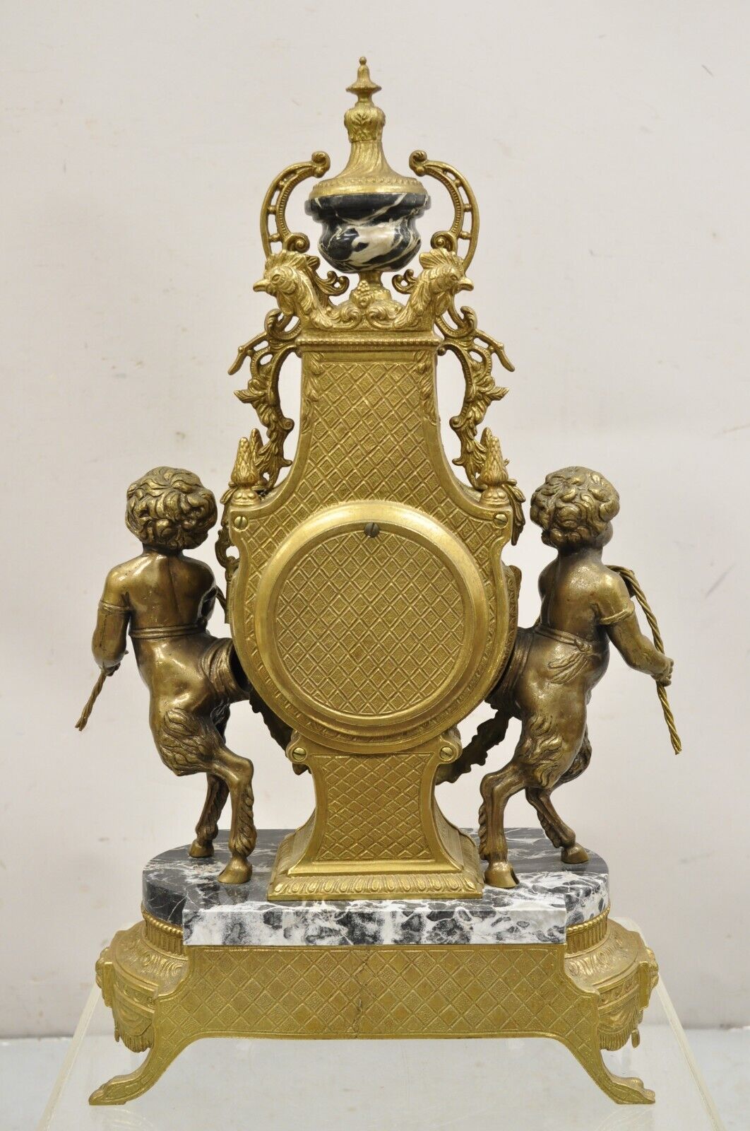 Vintage French Louis XV Style Brevetatto Italy Brass & Marble Figural Clock Set