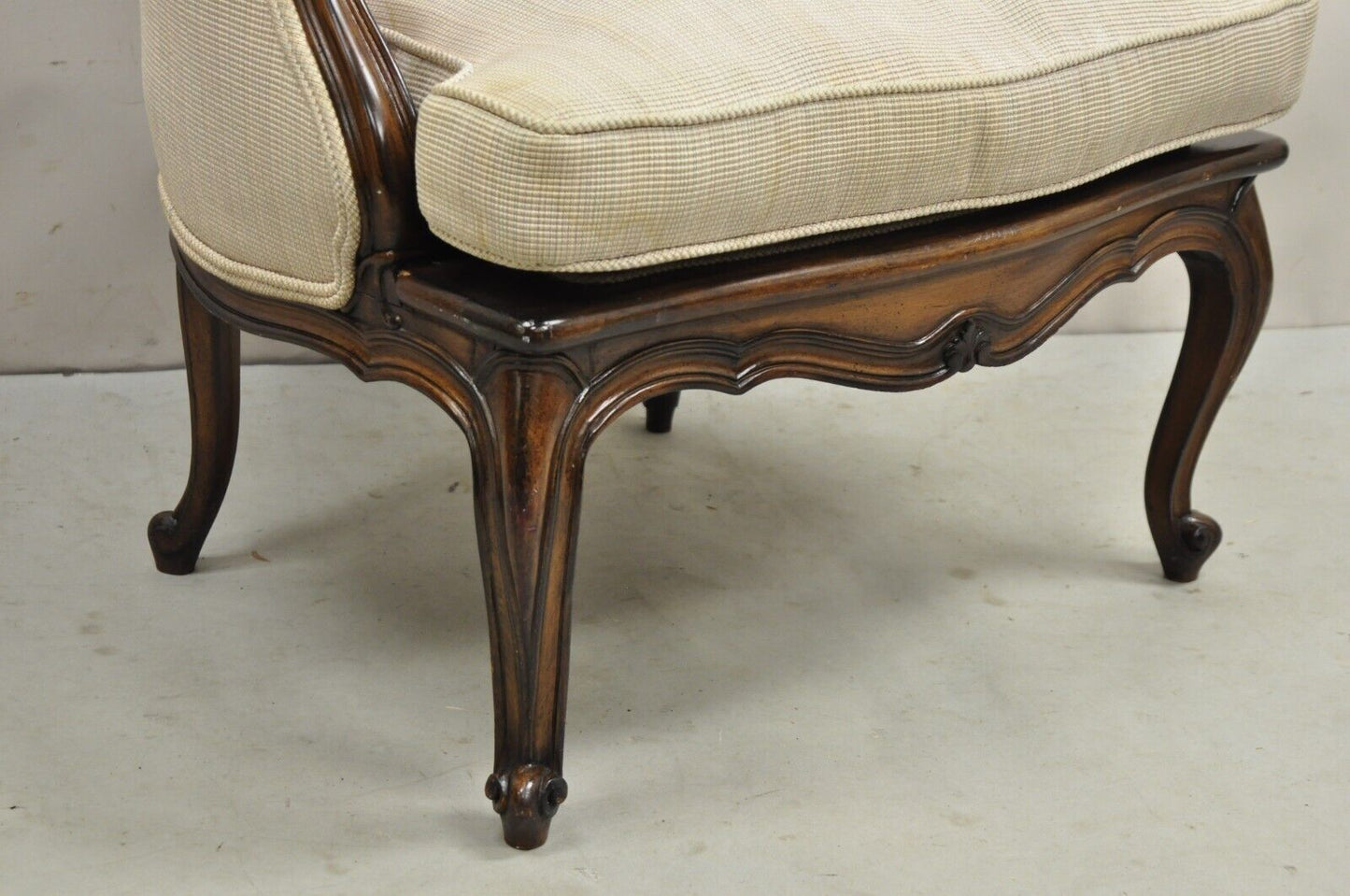 Vintage French Country Louis XV Style Carved Walnut Low Bergere Lounge Chair