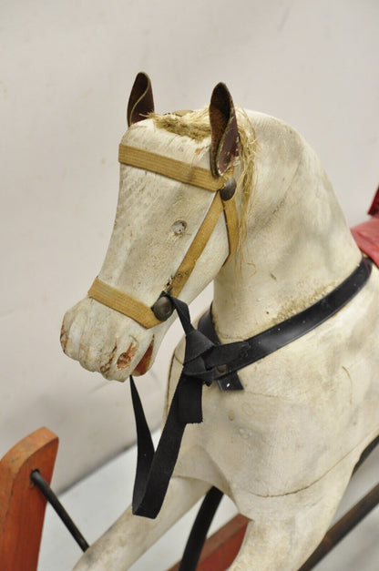 Antique Victorian Rocking Horse Glider Childs Toy Carved Wood White Red Painted