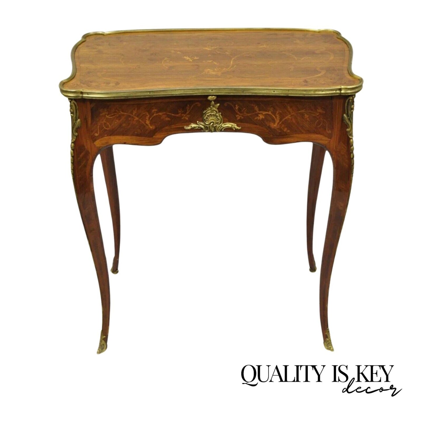 C. Mellier & Co London French Louis XV Style 2 Drawer Inlay & Leather Side Table