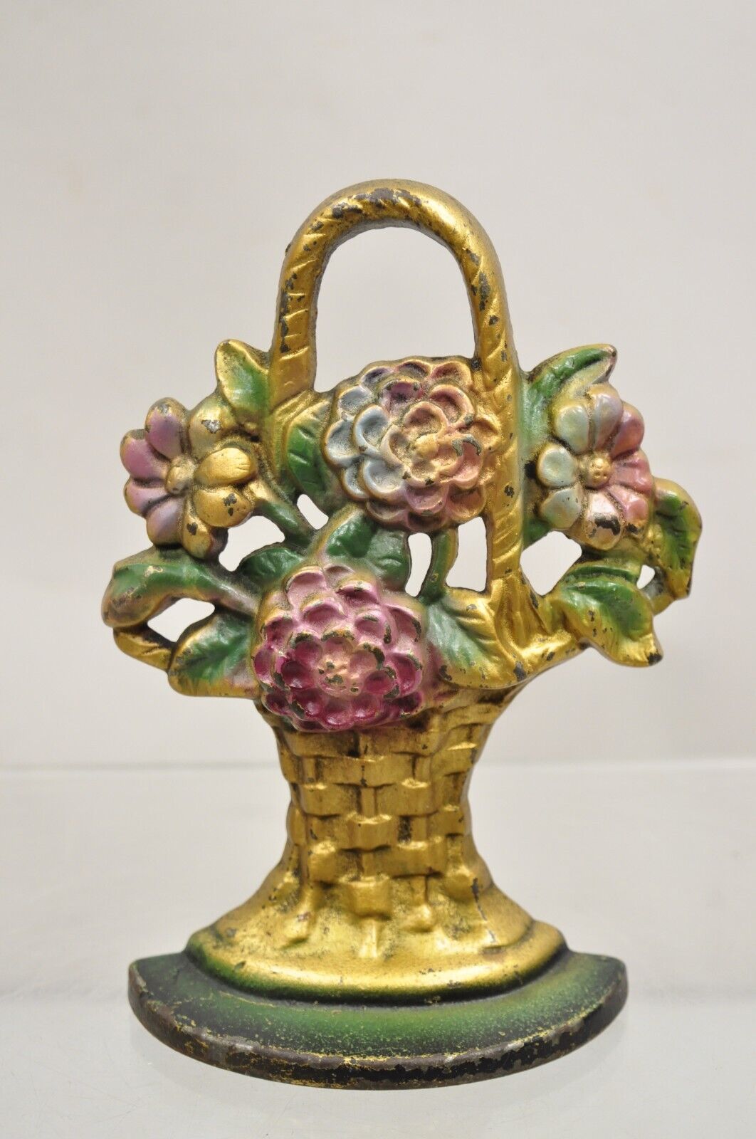 Antique Victorian Cast Iron Figural Floral Bouquet Gold Basket Painted Door Stop