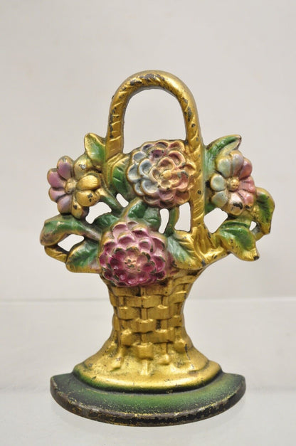Antique Victorian Cast Iron Figural Floral Bouquet Gold Basket Painted Door Stop