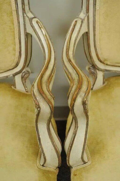 Antique Italian Venetian Cream Distress Painted Carved Wood Arm Chairs - a Pair