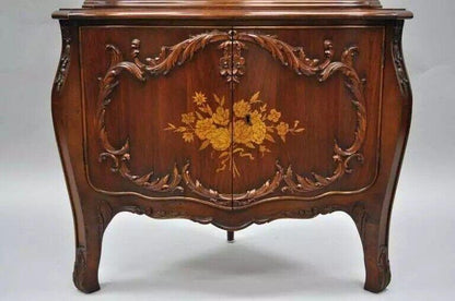 French Louis XV Small Walnut Floral Inlay Style Corner Curio China Cabinet