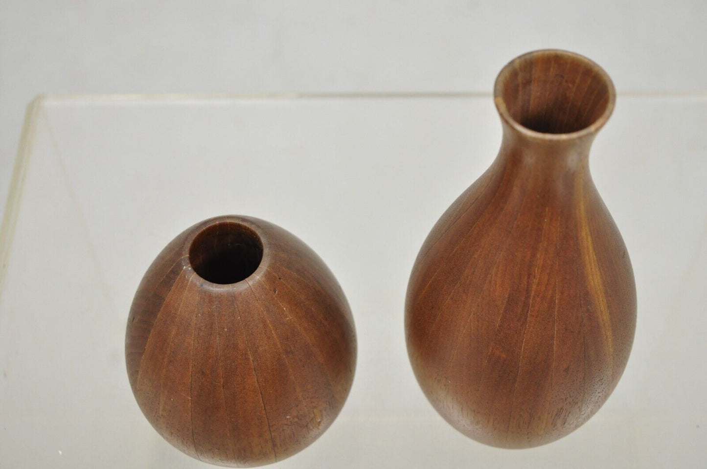 Mid Century Danish Modern Bulbous Sculpted Teak Wood Flower Bud Vase - 2 Pcs