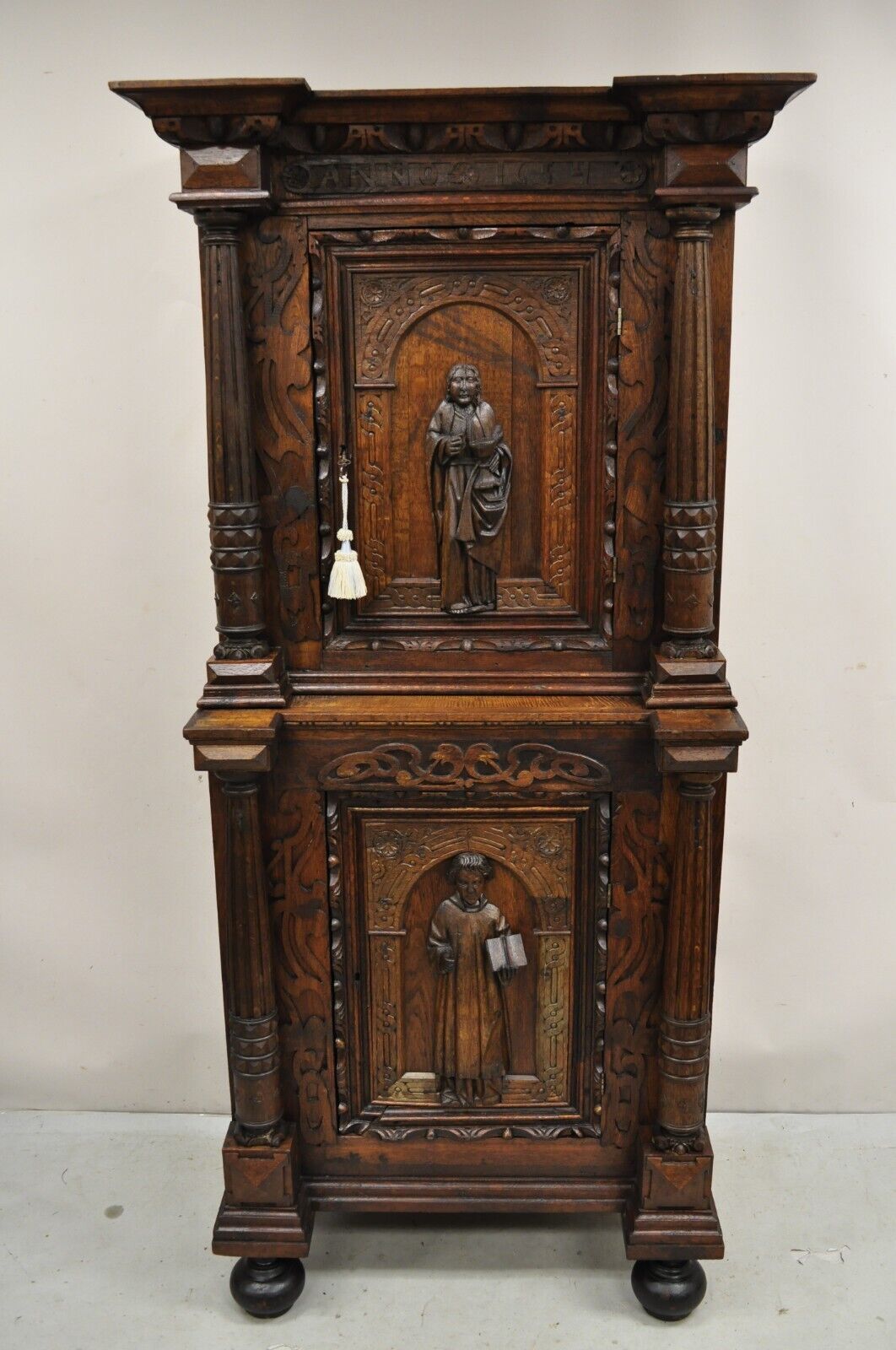 Antique Spanish Renaissance Figural Carved Oak Wood Religious Cupboard Cabinet