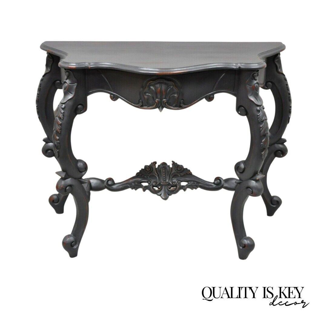 Reproduction Antique French Rococo Charcoal Distress Painted Console Hall Table