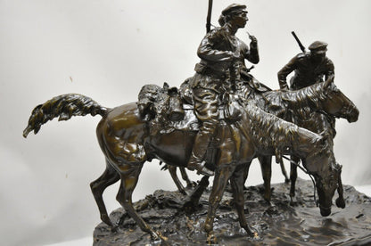 Large Bronze Statue 3 Horse Rider Hunt Scene after Evgeni Alexandrovich Lanceray