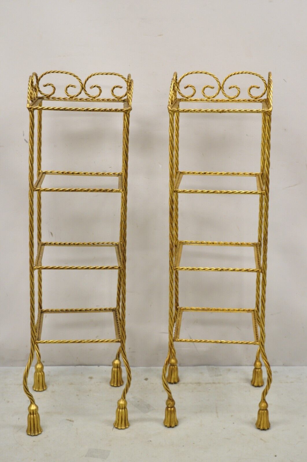 Italian Hollywood Regency Rope Tassel Gold 4 Tier Iron Display Rack Shelf - Pair