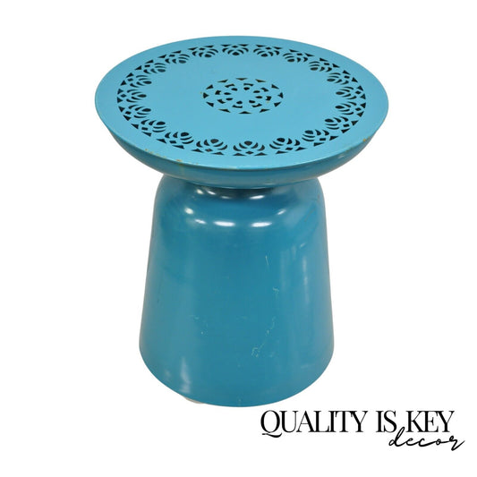 Modern Turquoise Blue Perforated Metal Garden Stool Round Drum Side Table