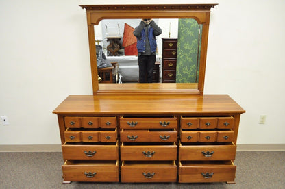 Vintage Monitor American Emblem Colonial Cherry Wood Long Dresser Chest & Mirror