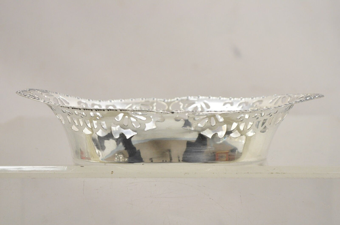 Vintage English Victorian Small Oval Silver Plated Pierced Gallery Trinket Dish