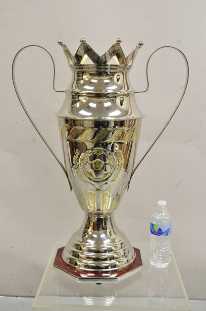 Large Modern Soccer Futbol Twin Handle Silver Metal Trophy Cup Award With Crown