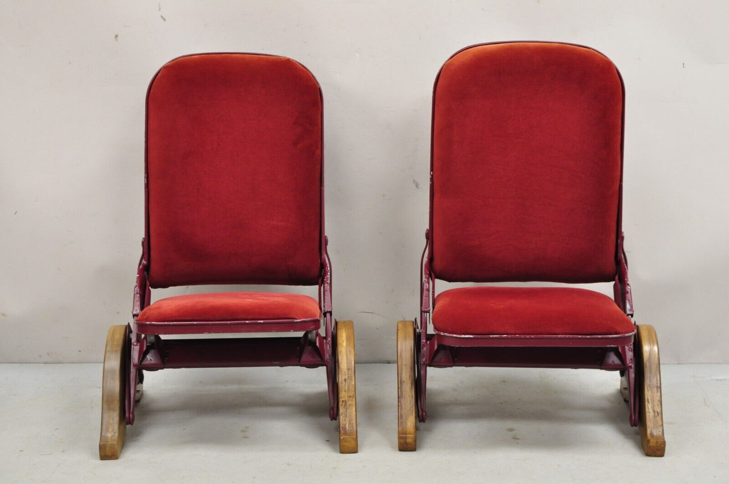 Vintage Art Deco Style Fold and Recline Red Low Theater Seats Chairs - a Pair