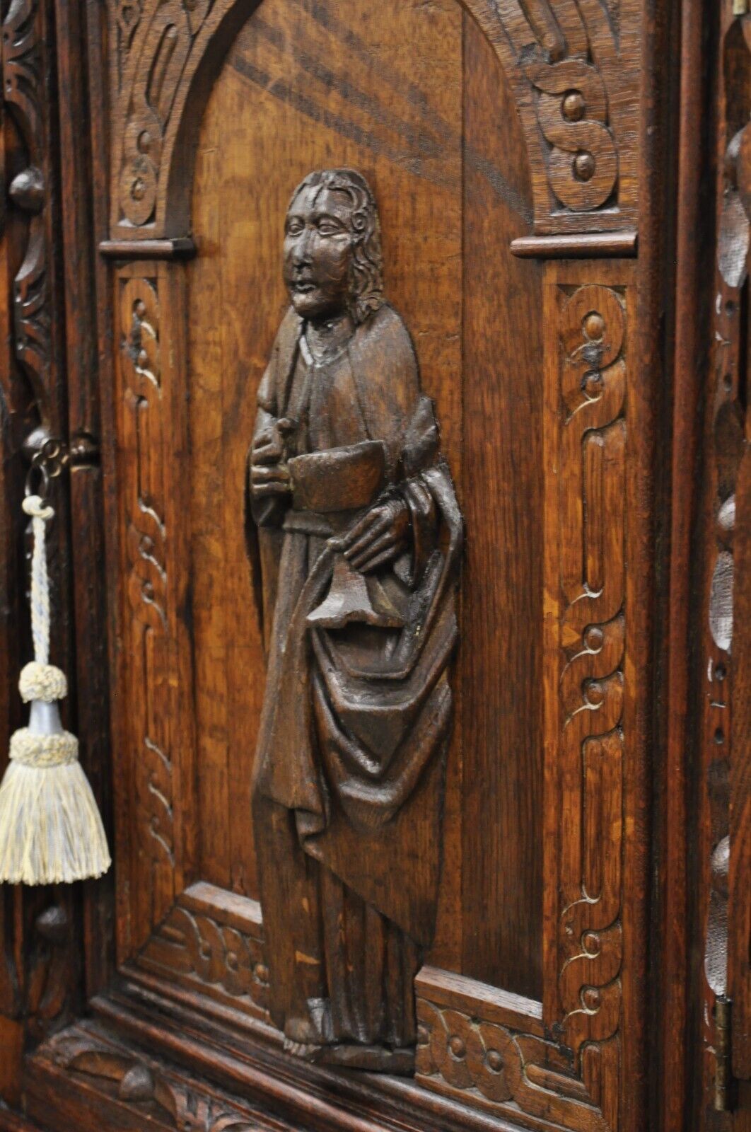 Antique Spanish Renaissance Figural Carved Oak Wood Religious Cupboard Cabinet