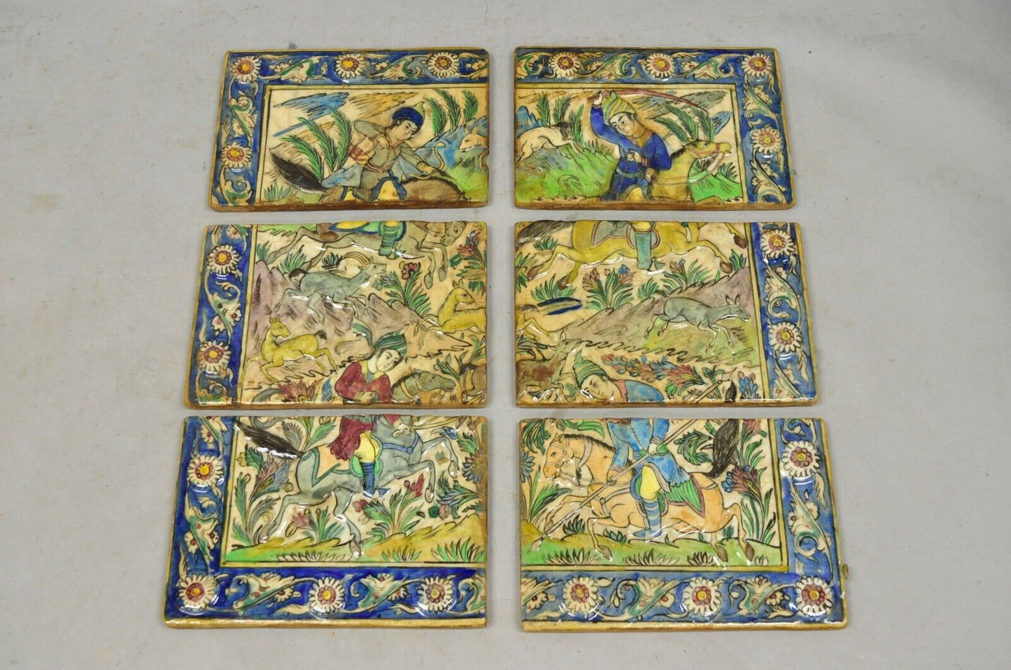 Antique Persian Iznik Qajar Style Ceramic Pottery Tile Mosaic Hunt Scene C7