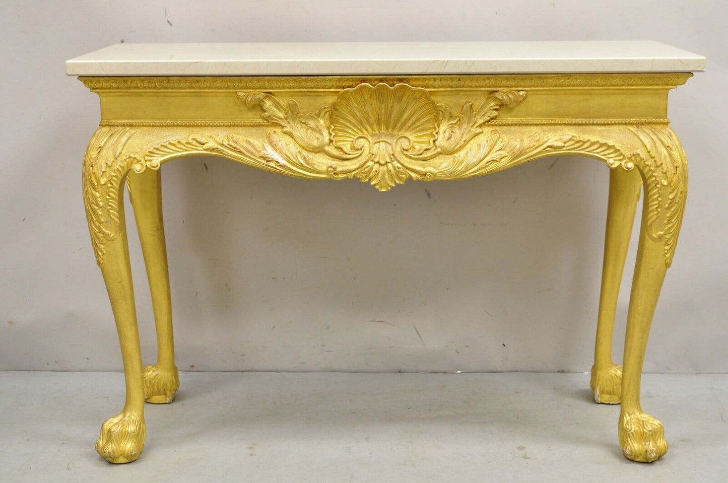 English George II Style Gold Giltwood Shell Carved Paw Foot Console Hall Table