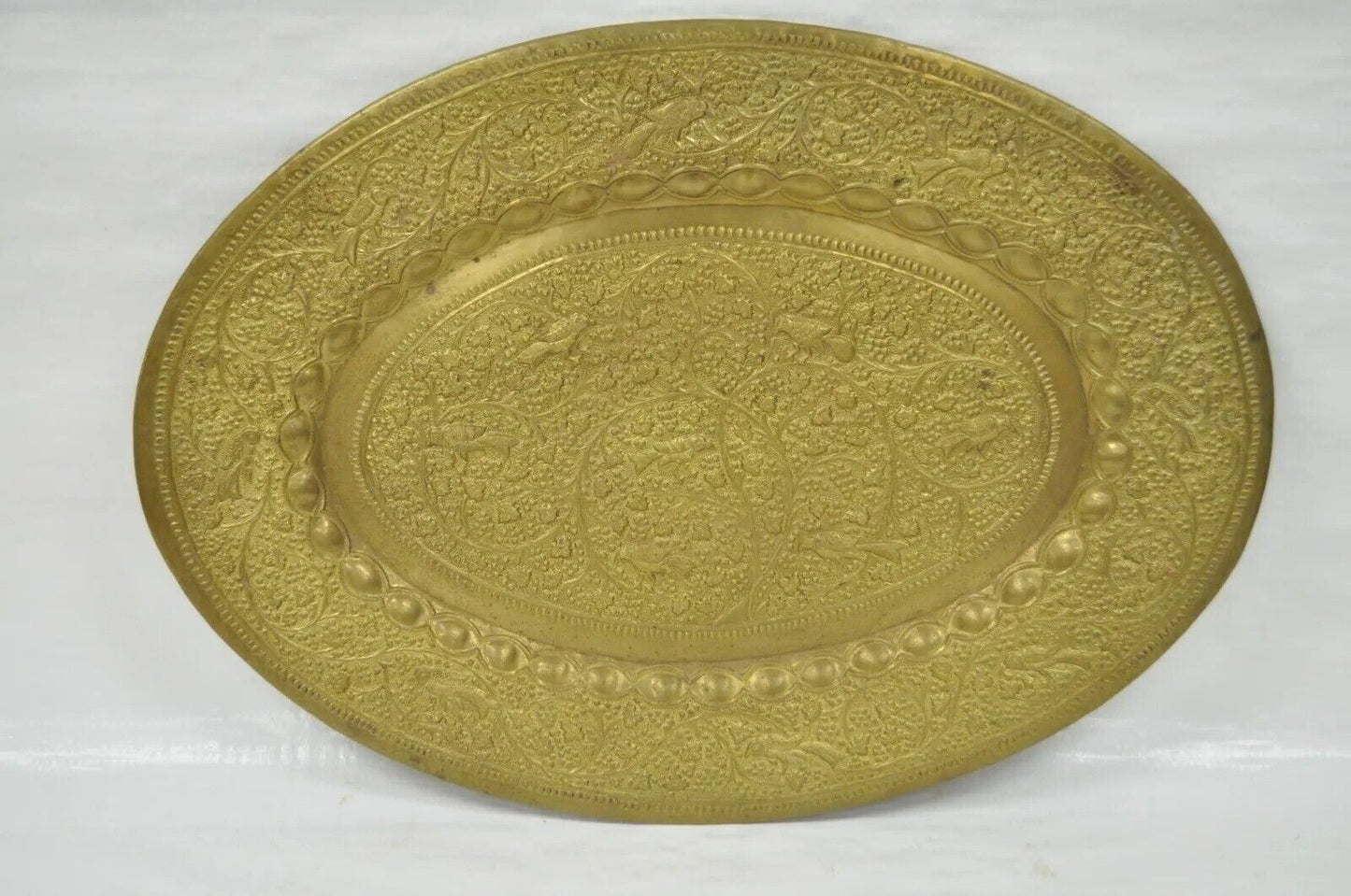 Vintage Moroccan Brass Bird Embossed Oval Tray Folding Small Coffee Table