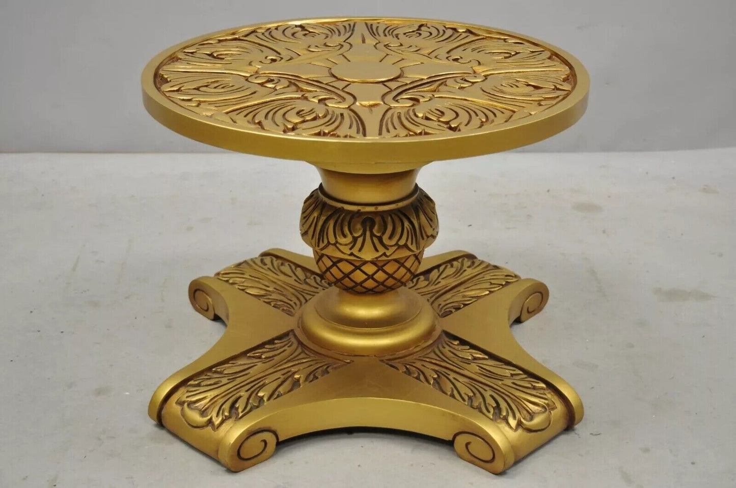 Vintage Hollywood Regency Gold Wooden Pedestal Base Round Glass Top Coffee Table