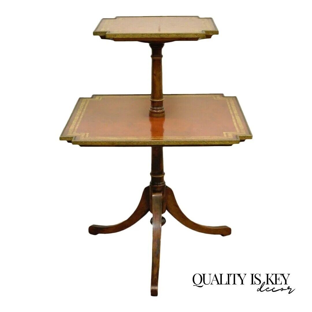 Vintage English Regency Style Mahogany Tooled Leather Two Tier Side Table